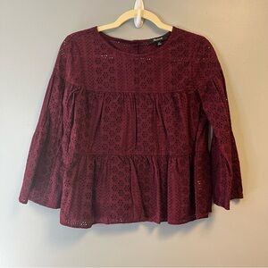 Madewell Blouse Maroon Eyelet Tiered Button Back Top Sz XS GUC